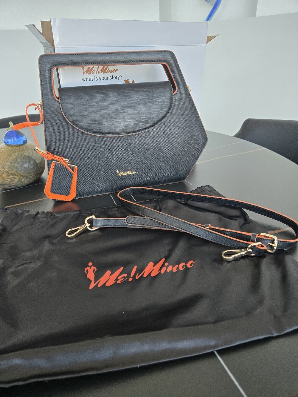 Black & Orange Structured Top-Handle Shoulder Bag